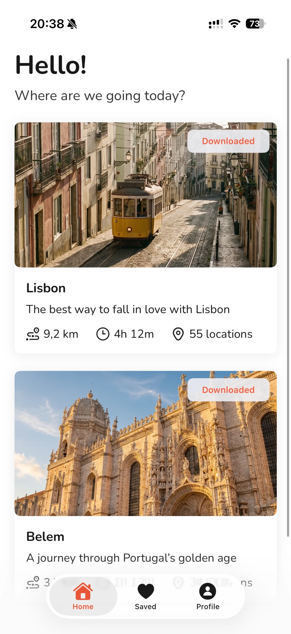nadoloni app screen with Lisbon routes