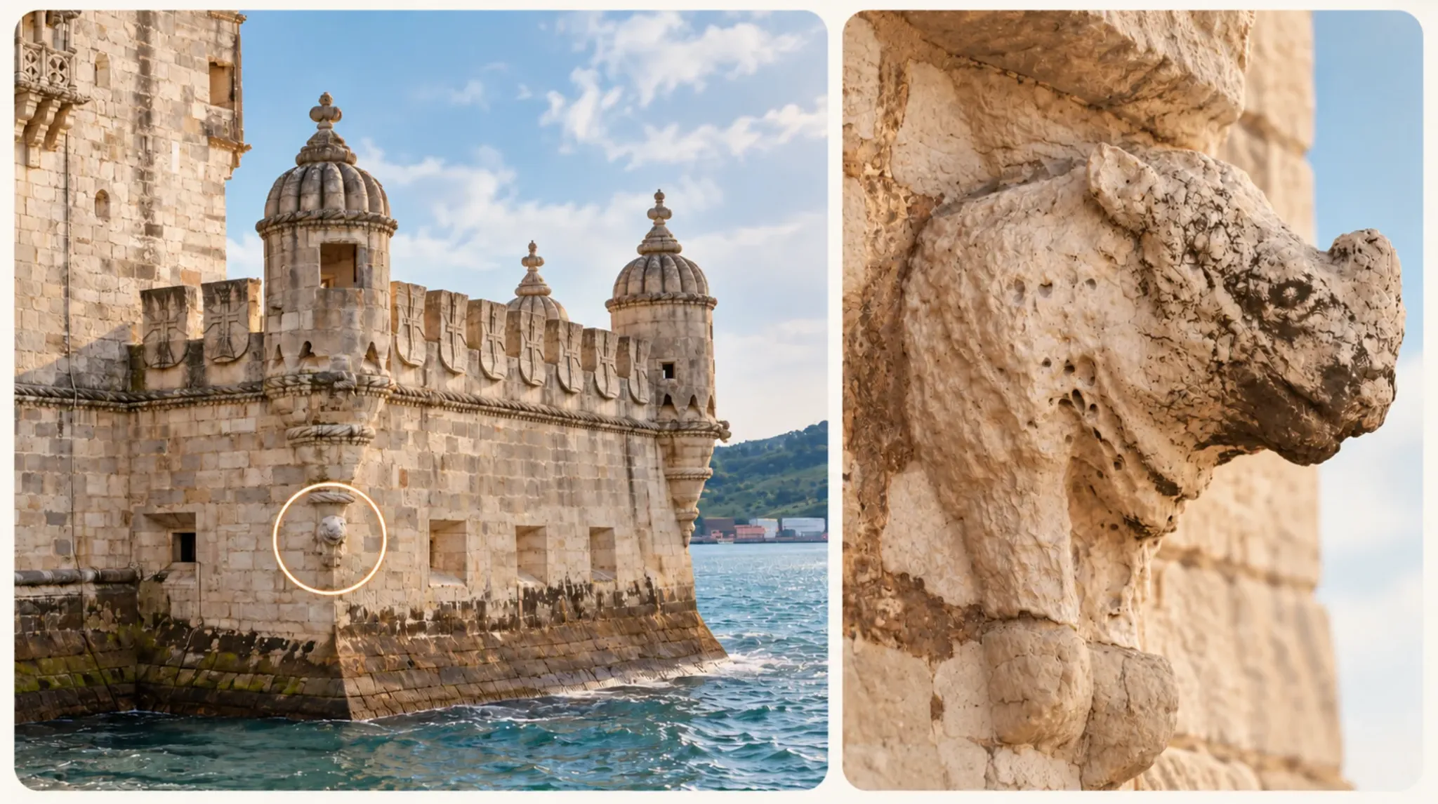 Belém Tower with the rhinoceros carving highlighted, alongside a close-up of the stone rhinoceros detail