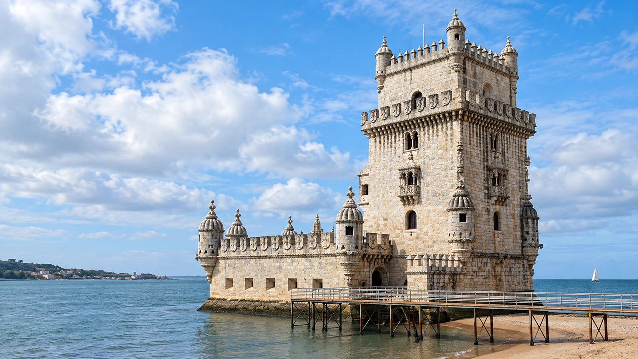 Belém Tower beside the Tagus under a blue sky