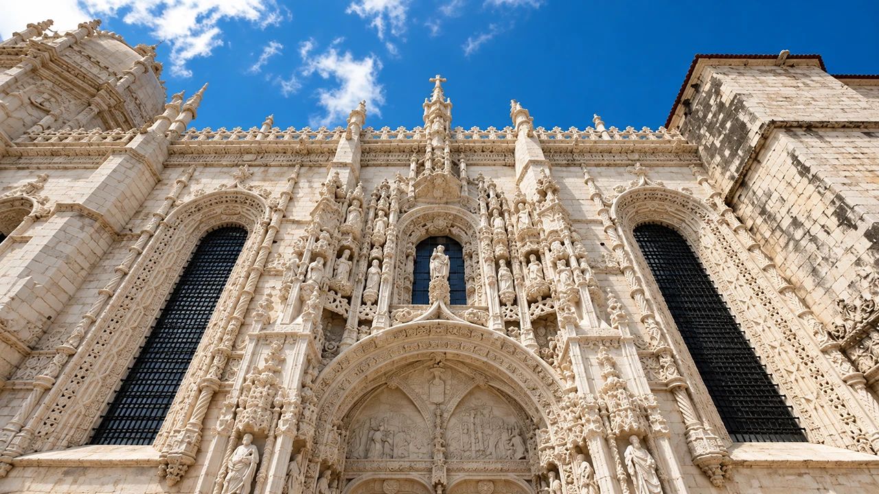 Ornate Manueline façade of Mosteiro dos Jerónimos in Belém